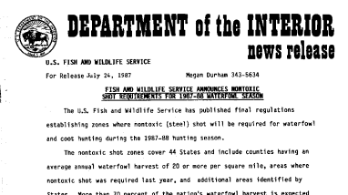 Fish and Wildlife Service Announces Nontoxic Shot Requirements for 1987-88 Waterfowl Season July 24, 1987
