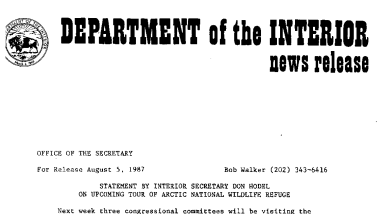 Statement by Interior Secretary Don Hodel on Upcoming Tour of Arctic National Wildlife Refuge August 5, 1987