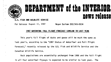 1987 Waterfowl Fall Flight Forecast Similar to Last Year August 14, 1987