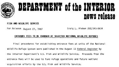 Entrance Fees to Be Charged at Selected National Wildlife Refuges August 27, 1987