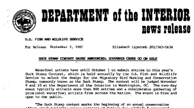 Duck Stamp Contest Dates Announced; Souvenir Cards Go on Sale September 3, 1987