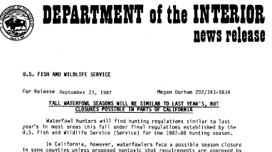 Fall Waterfowl Seasons Hill Be Similar to Last Year’ S, but Closures Possible in Parts F California September 23, 1987