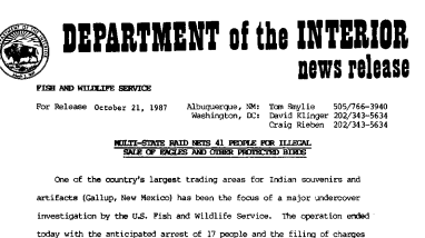Mult-State Raid Nets 41 People for Illegal Sale of Eagles and Othr Protected Birds October 21, 1987