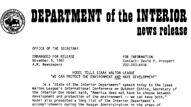 Hodel Tells Izaak Walton League "We Can Protect the Environment and Have Development" November 9, 1987