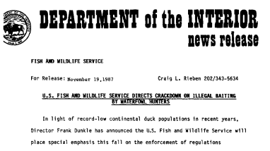 U.S. Fish and Wildlife Service Directs Crackdown on Illegal Baiting by Waterfowl Hunters November 19, 1987