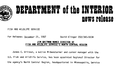 Jim Grituan Named Director of Fish and Wildlife Service's North Central Region December 21, 1987