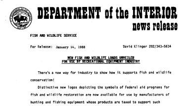 New Fish and Wildlife Logos Unveilied for Use by Recretional Equipment Industry January 14, 1987