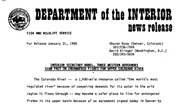 Interior Secretary Hodel, Three Western Governors Sign Pact on Endangered Fishes for Upper Colorado River January 21, 1988