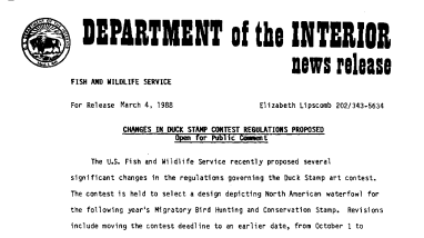 Changes in Duck Stamp Contest Regulations Proposed Opened for Public Comment March 4, 1987