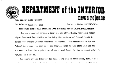President Signs Bill Enabling Land Exchange for Wildlife Conservation March 31, 1988
