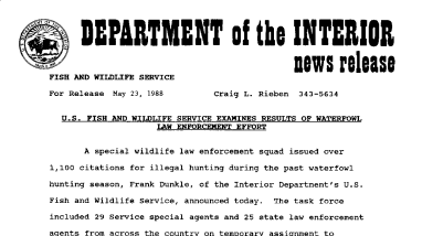 U.S. Fish and Wildlife Service Examines Results of Waterfowl Law Enforcement Effort May 23, 1988