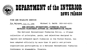 New National Recreational Fisheries Policy Receives Widespread Support as Implementation Begins June 23, 1987