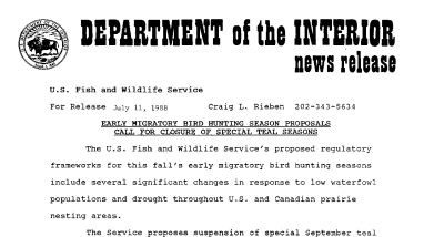 Early Migratory Bird Hunting Season Proposals Call for Closure of Special Teal Seasons July 11, 1988