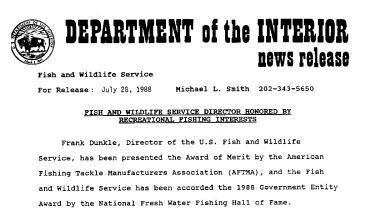 Fish and Wildlife Service Director Honored by Recreational Fishing Interests July 28, 1988