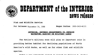 Interior, Defense Departments to Improve Waterfowl Habitat on Military Lands September 16, 1988