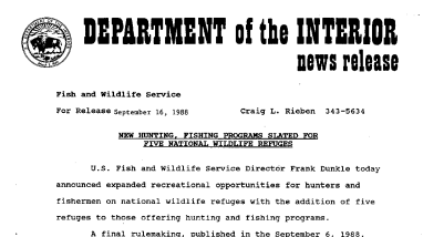 New Hunting, Fishing Programs Slated for Five National Wildlife Refuges September 16, 1988