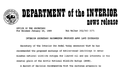 Interior Secretary Recommends Proposed Anwr Land Exchanges January 19, 1989