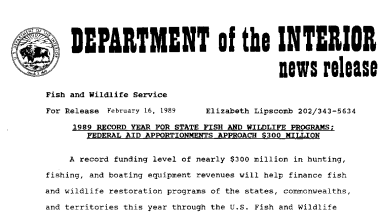 1989 Record Year for State Fish and Wildlife Programs; Federal Aid Apportionments Approach $300 Million February 16, 1989