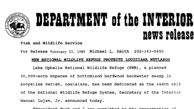 New National Wildlife Refuge Protects Louisiana Wetlands February 23, 1989