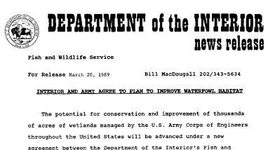 Interior and Army Agree to Plan to Improve Waterfowl Habitat March 20, 1989