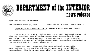 1985 National Hunting and Fishing Survey Now Available March 21, 1989
