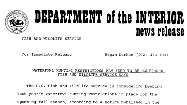 Waterfowl Hunting Restrictions May Need to Be Continued, Fish and Wildlife Service Says April 10, 1989