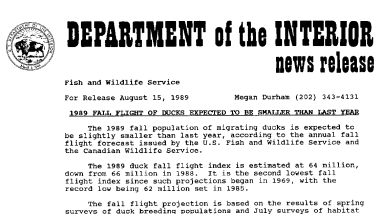1989 Fall Flight of Ducks Expected to Be Smaller Than Last Year August 15, 1989