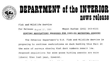 Hunting Regulations Proposed for 1989-90 Waterfowl Seasons August 17, 1989