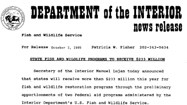 State Fish and Wildlife Programs to Receive $233 Million October 3, 1989