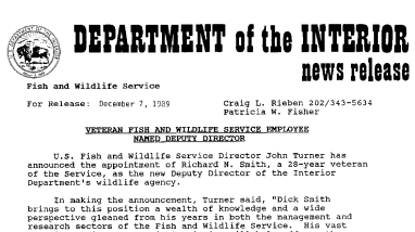 Veteran Fish and Wildlife Service Employee Named Deputy Director December 7, 1989