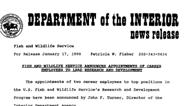 Fish and Wildlife Announces Appointments of Career Employees to Lead Research and Development January 17,1990