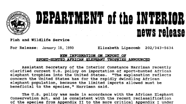 New Information on Impact of Sport-Hunted African Elephant Trophies Announced January 18, 1990