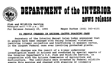 21 People Charged in Arizona Cactus Poaching Case January 25,1990