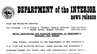Major Initiatives for Wildlife Announced in President's Proposed 1991 Budget January 29, 1990