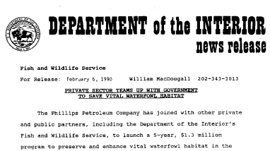 Private Sector Teams up With Government to Save Vital Waterfowl Habitat February 6,1990
