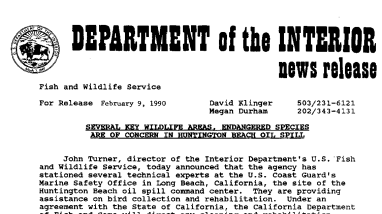Several Key Wildlife Areas, Endangered Species Are of Concern in Huntington Beach Oil Spill February 9,1990