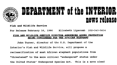 Fish and Wildlife Service Director Announces Added Protection Being Considered for the African Elephant February 16,1990