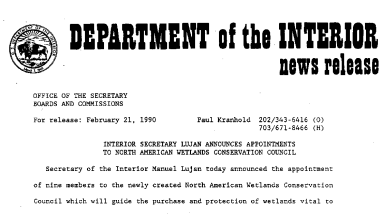 Interior Secretary Lujan Announces Appointments to North American Wetlands Conservation Council February 21,1990