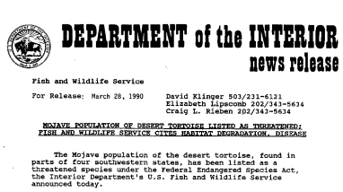 Mojave Population of Desert Tortoise Listed as Threatened; Fish and Wildlife Service Cites Habitat Degradation, Disease March 28, 1990