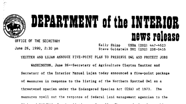 Yeutter and Lujan Announce Five-Point Plan to Preserve Owl and Protect Jobs June 26, 1990