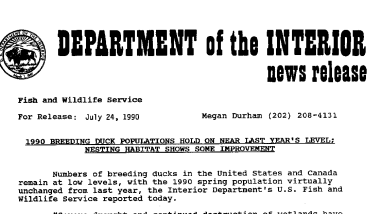 1990 Breeding Duck Populations Hold on Near Last Year's Level; Nesting Habitat Shows Some Impovement July 24, 1990