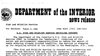 U.S. Fish and Wildlife Service Recycling Efforts August 02, 1990
