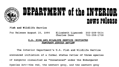 U.S. Fish and Wildlife Service Initiates Kangaroo Status Review August 15,1990