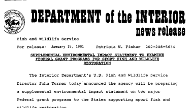 Supplemental Environmental Impact Statement to Examine Federal Grant Programs for Sport Fish & Wildlife Restoration January 15, 1991