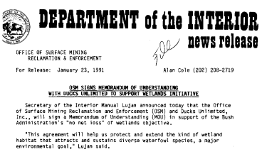 Osm Signs Memorandum of Understanding With Ducks Unlimited to Support Wetlands Initiative January 23, 1991
