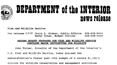 Record Budget Proposed for Fish and Wildlifte Service Contains Major Initiatives for Wildlife