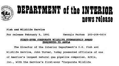 First-Ever Corporate Wildlife Stewardship Award Presented to Arkla February 05,1991
