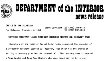 Interior Secretary Lujan Announces Northern Spotted Owl Recovery Team February 05,1991