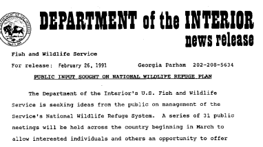 Public Input Sought on National Wildlife Refuge Plan February 26, 1991
