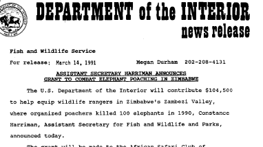 Assistant Secretary Harriman Announces Grant to Combat Elephant Poaching in Zimbabwe March 14, 1991